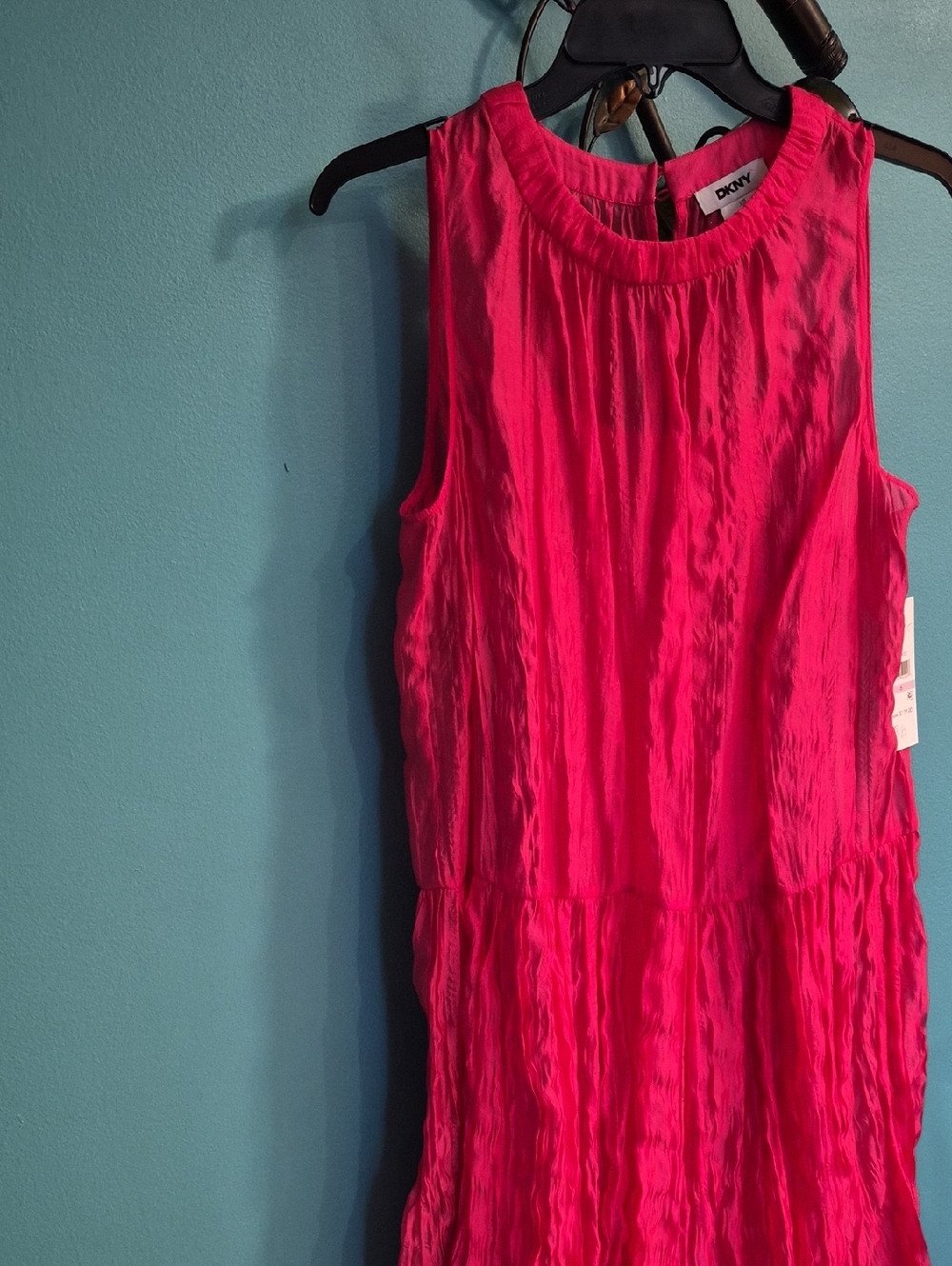 NWT DKNY Hot Pink Sleeveless Textured baby Doll Style  Dress Ptp 21" Lenth 36"